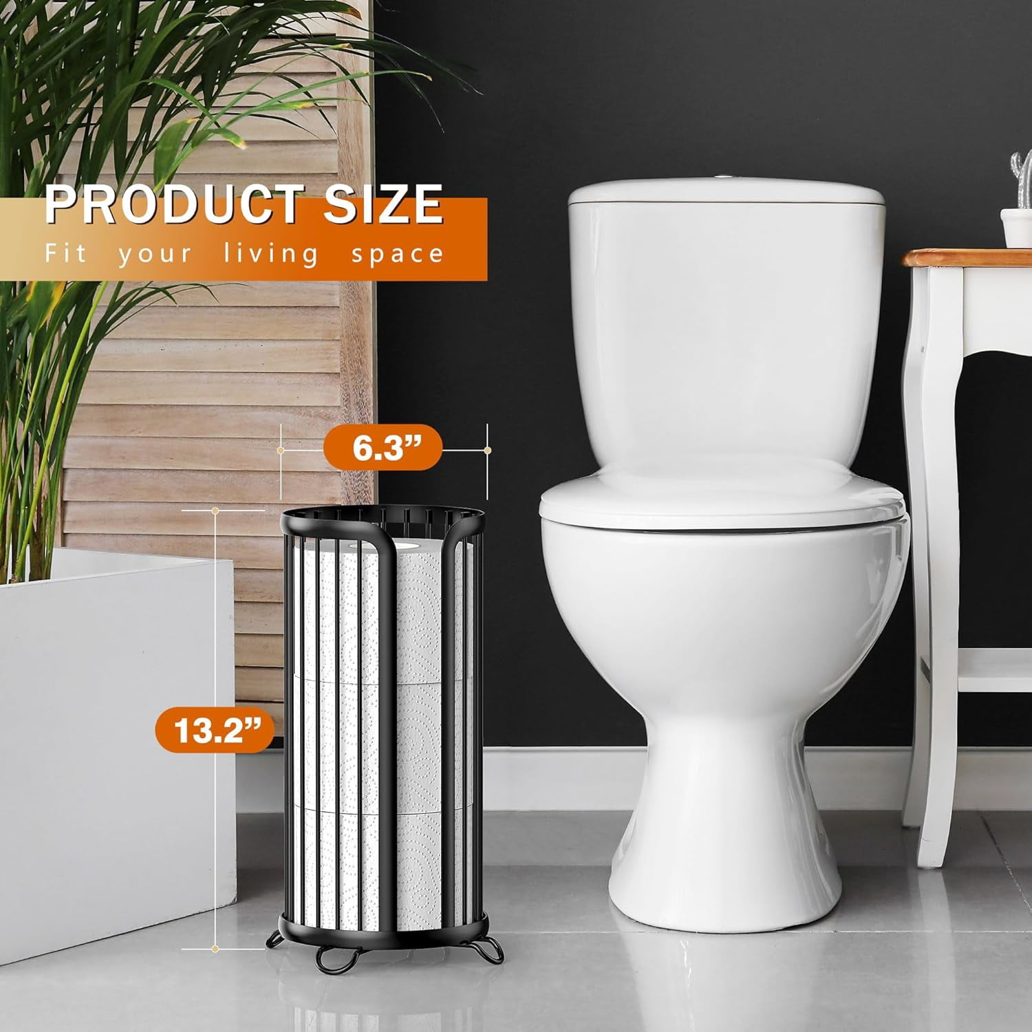 Toilet Paper Holder Stand, Freestanding Toilet Tissue Organizer, Minimalistic Storage Solution, Reserve Mega Rolls-Modern Black