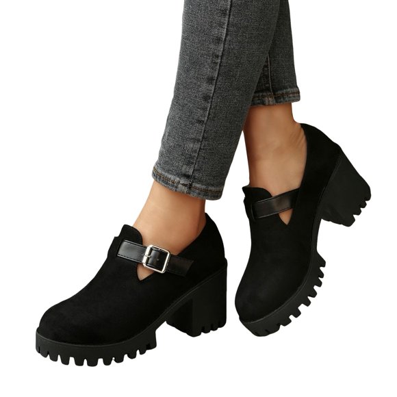 Womens Platform Slip on Penny Loafers Trendy Suede Chunky High Heels Dress Ankle Booties Winter Fall Short Boots Shoes