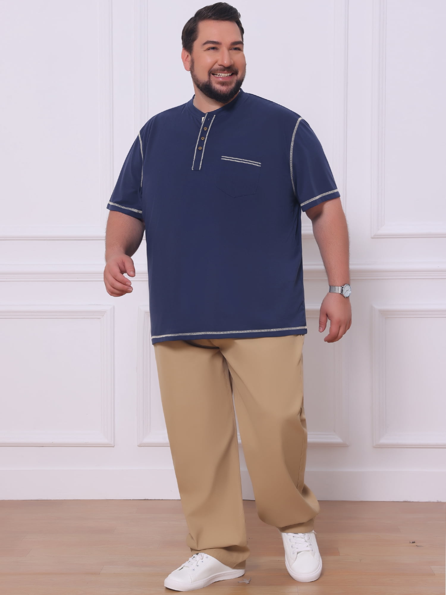 DARING DIVA Men's Big Tall Contrast Trim Button Down Short Sleeve Shirts 5XL Dark Blue