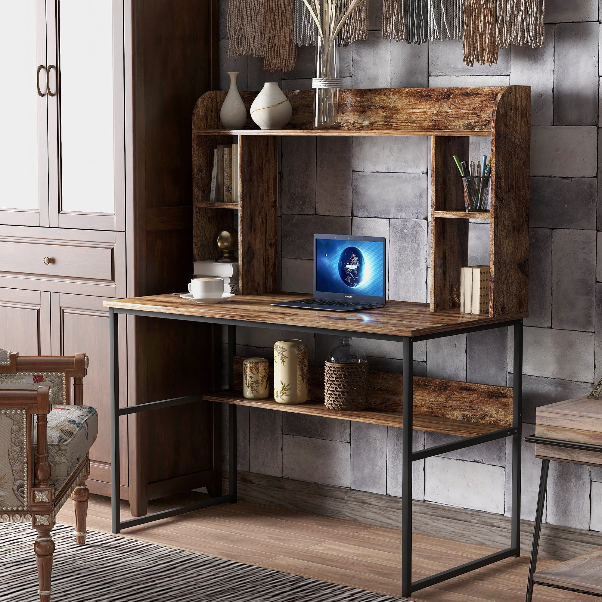 47" Rustic Computer Desk with Hutch, Home Office Desk and Modern Writing Desk with Storage Shelves