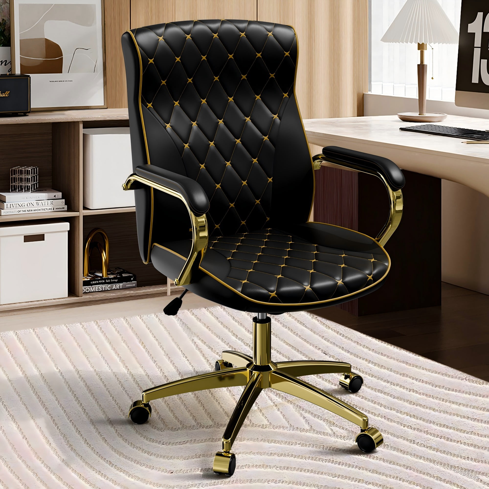 Big and Tall Black Office Chair Set of 2, High Back 360 Swivel Executive Office Desk Chair, PU Leather Desk Chair with Gold Metal Leg, Computer Home Office Chair with Rocking Function, Black