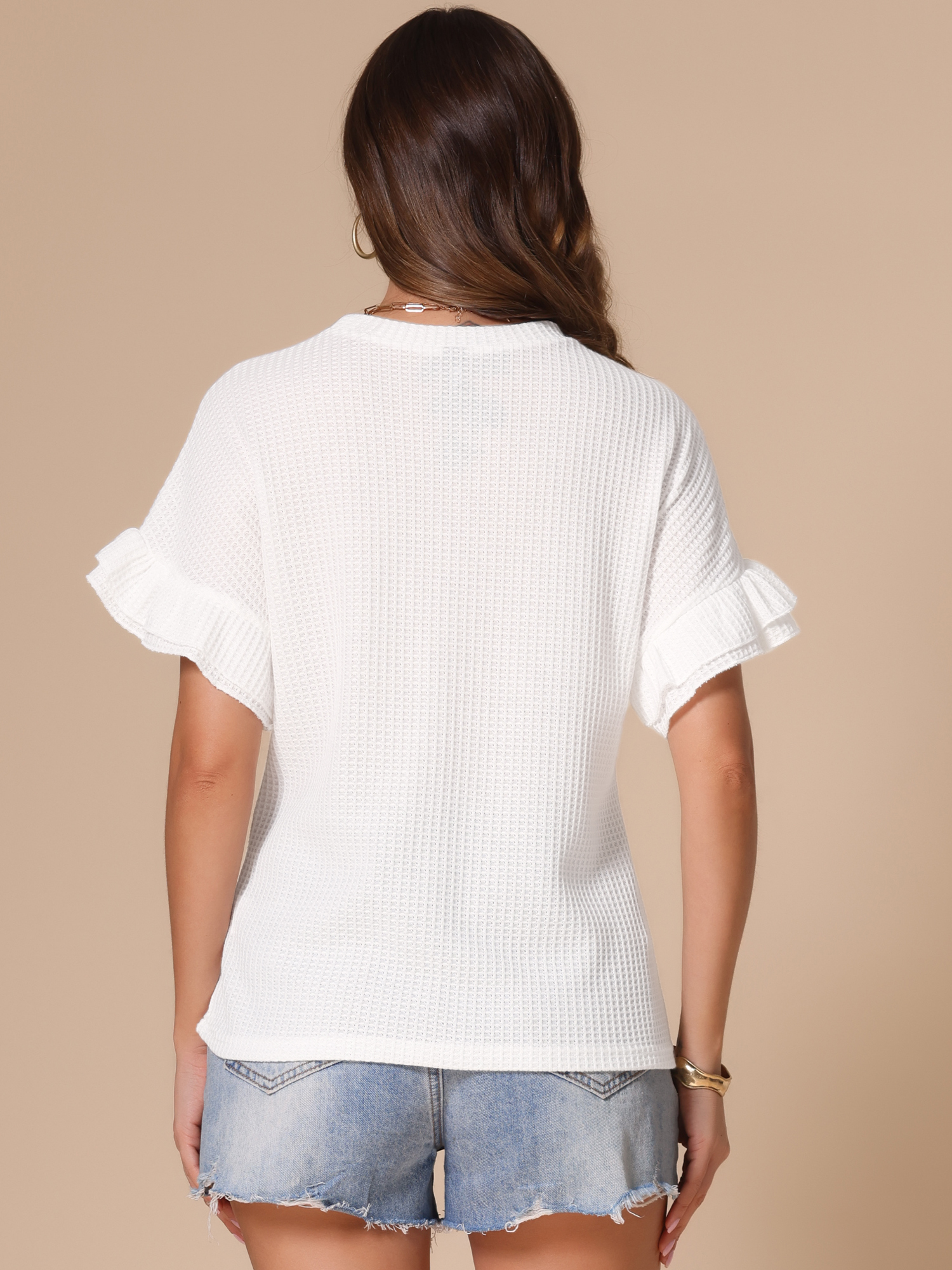 DARING DIVA Women's Ruffle Sleeves Waffle Knit Basic Casual Blouses S White