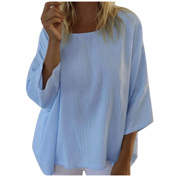 Blusa de manga larga suelta con cuello redondo de color sólido informal a la moda para mujer Pompotops FGAJ5458