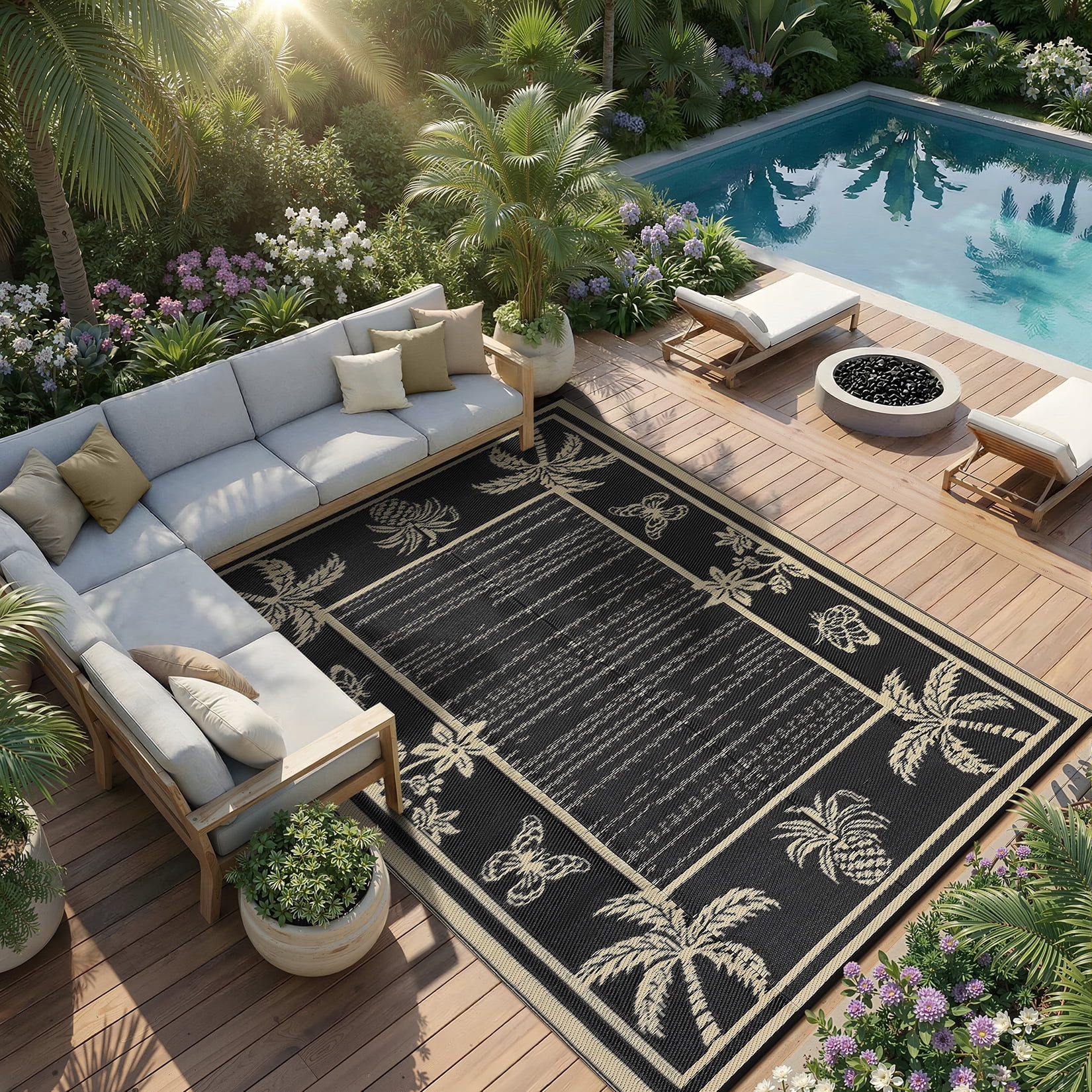 FairOnly 9'x12'Modern Tropical Floral Outdoor Rug Waterproof Reversible & Portable for Patio Poolside & Beach RV,Black Coffee