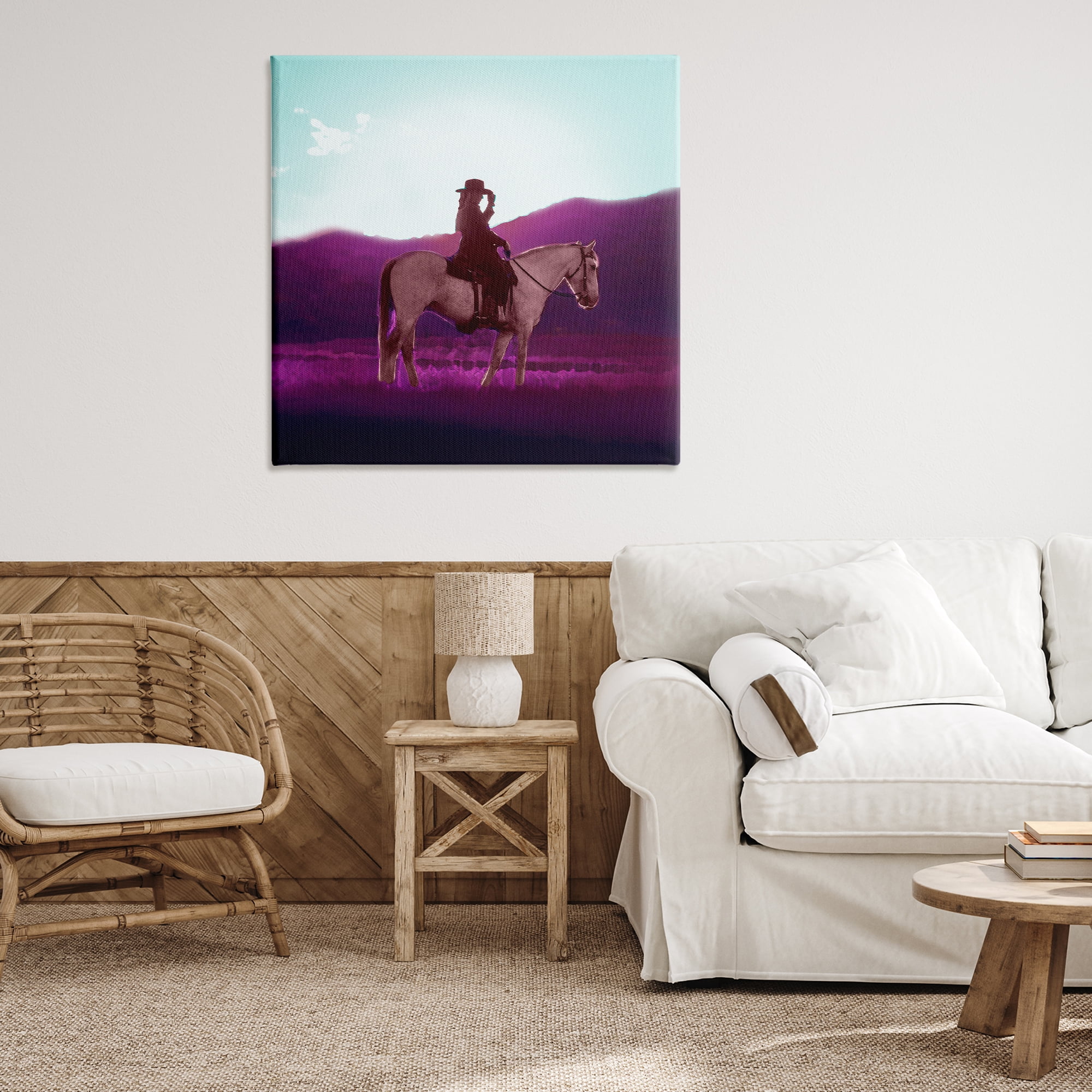 Stupell Industries Cowgirl & Purple Mountains Animals & Insects Painting Gallery Wrapped Canvas Art Print Wall Art, 36 x 36