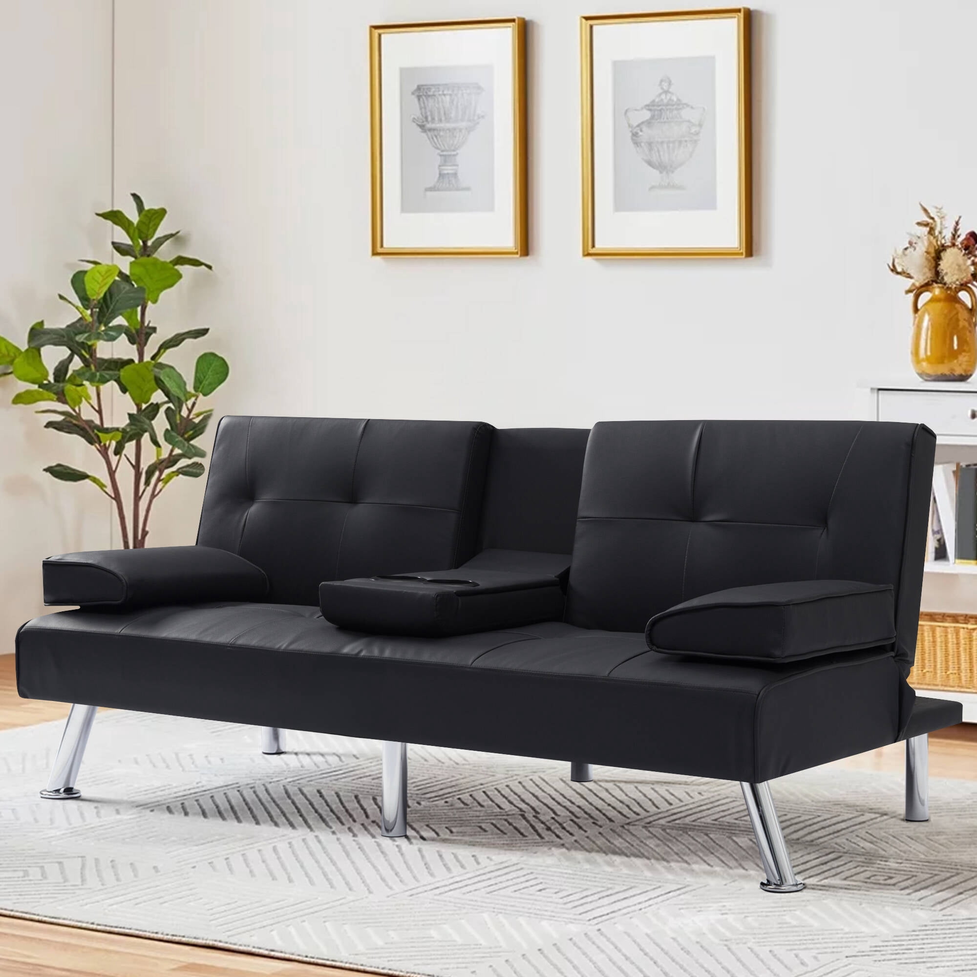 Sofa Bed with Cup Holder Convertible Futon Couches Adjustable Backrest Modern Faux Furniture Upholstery for Living Room
