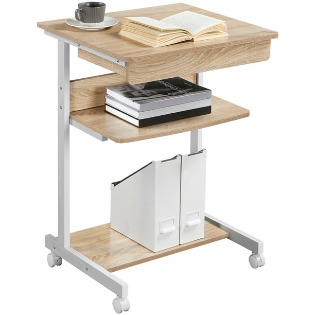Topeakmart Rolling Laptop Computer Desk Table Tray With Drawer And Shelf On Wheels Light Oak Com Topeakmart Rolling Laptop Computer Desk, Rolling Computer Desk With Drawers