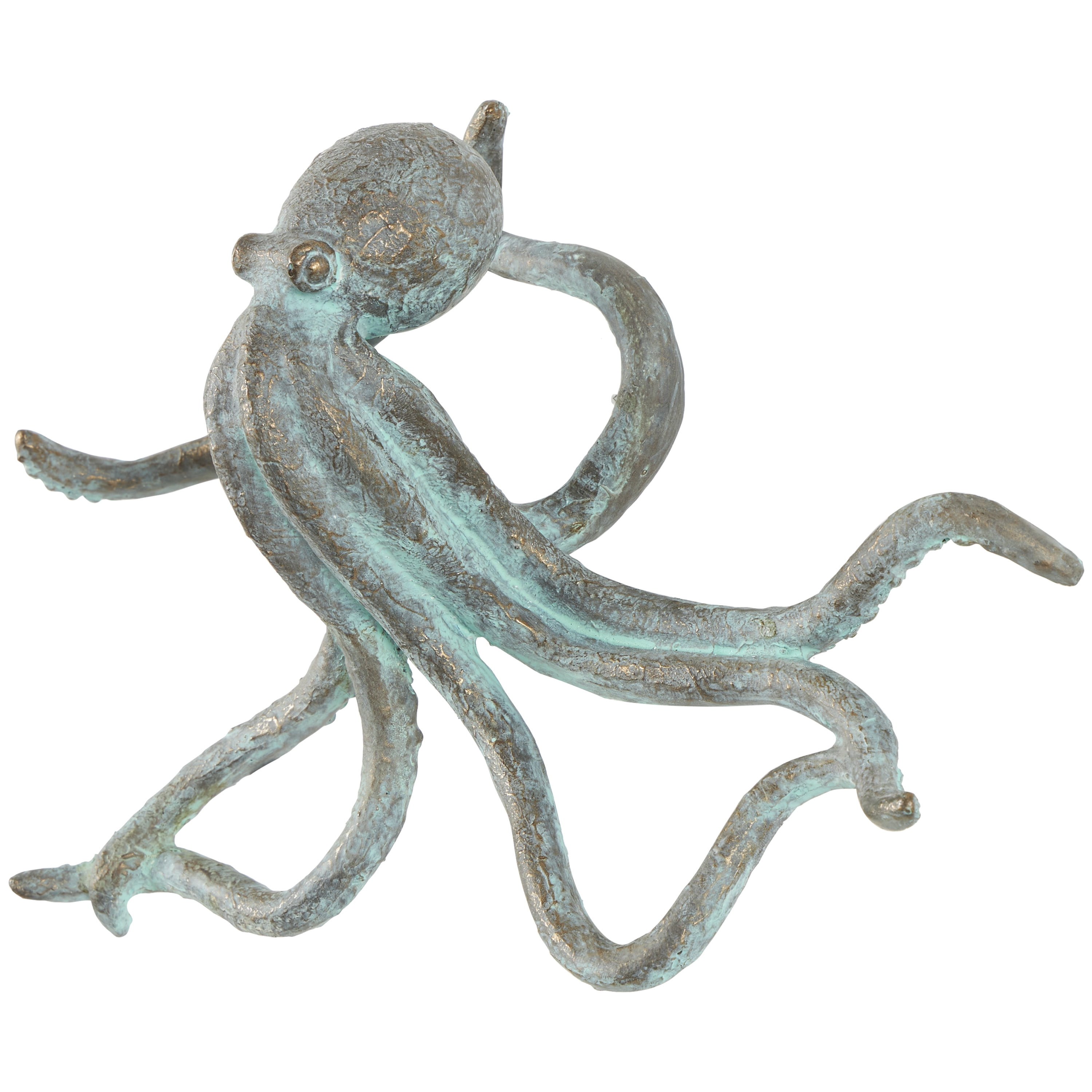 12" x 4" Blue Polystone Distressed Patina Octopus Sculpture with Gold Foil Accents, by DecMode