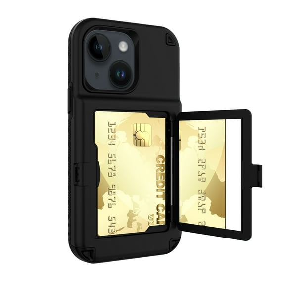 Allytech Luxury Case for iPhone 14 with Flip Card Slots Mirror Case Hard PC Soft Rubber Bumper Kickstand Function Full Body Protection Wallet Case For iPhone 14,Black