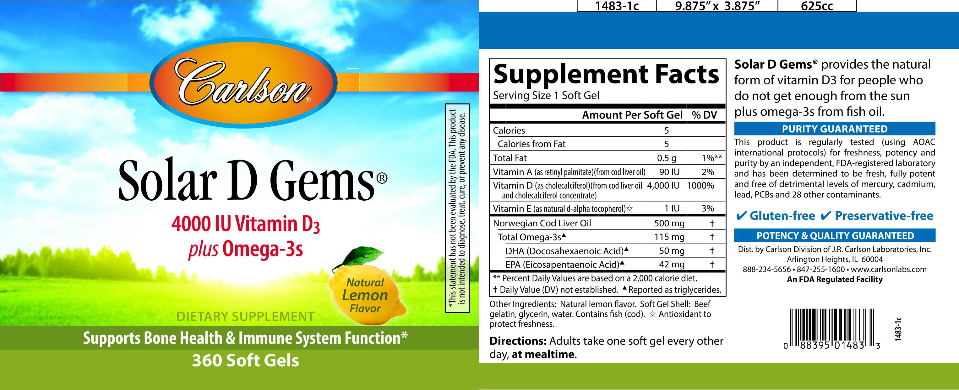 Carlson Solar D Gems - Lemon 4,000 Iu (100 mcg) 360 Sgels