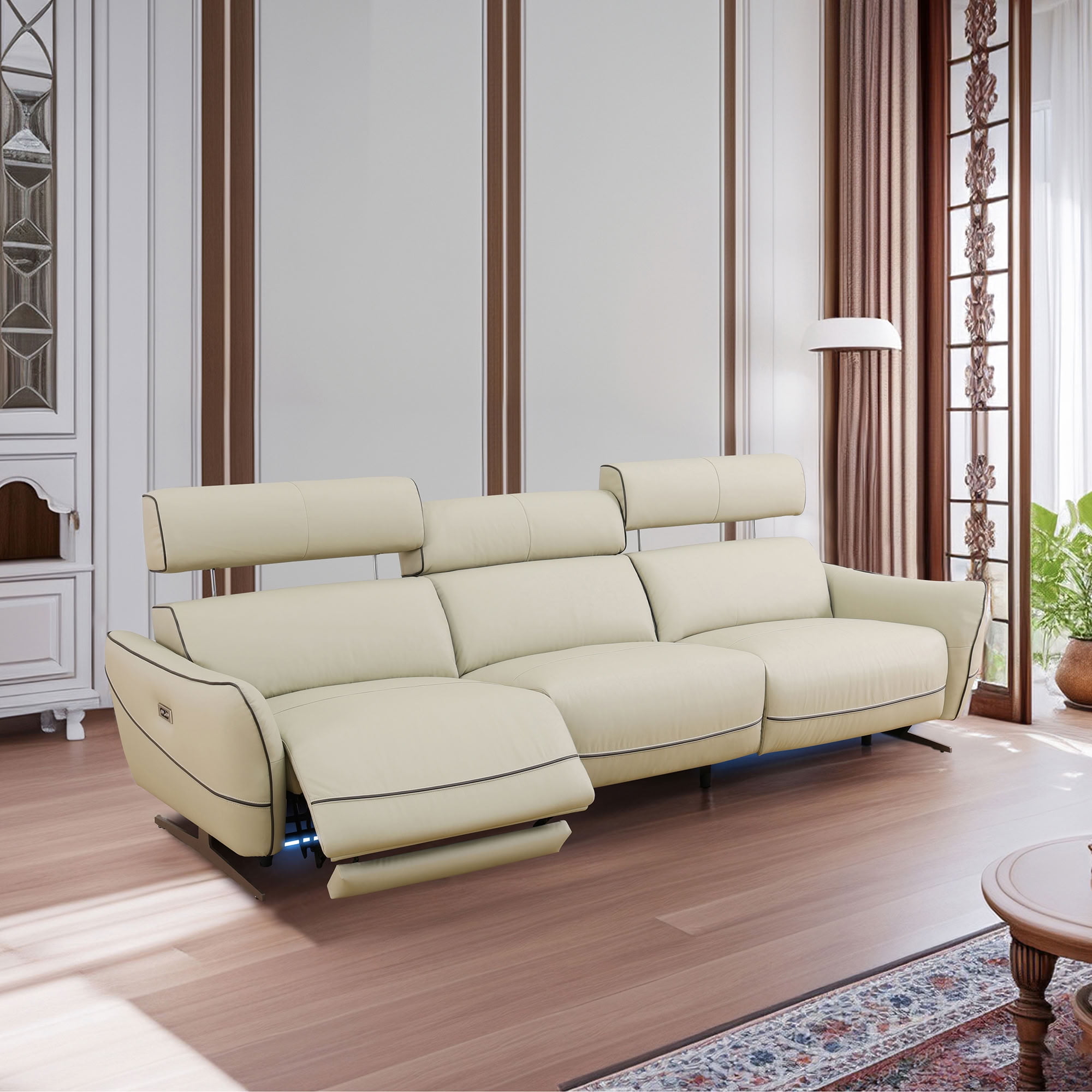 MAYEERTY 3-Seater Recliner Sofa, Top-Grain Leather with LED Lights & USB Charging for Apartment Living Room