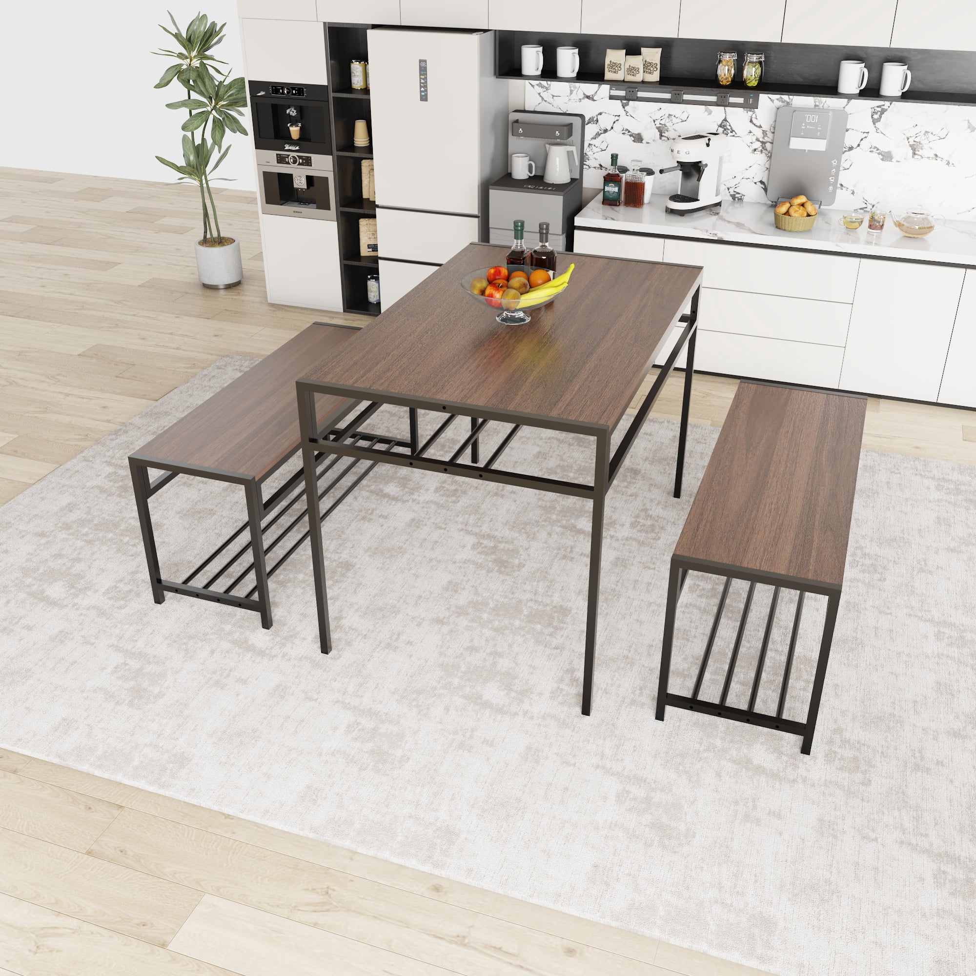 HOQBN Industrial 3 Piece Dining Table Set with 2 Benches,Rectangular Wood Grain Kitchen Table with Built-in Wine Storage Rack, Space Saving Dinner Furniture for Small Apartment Home,Walnut Brown