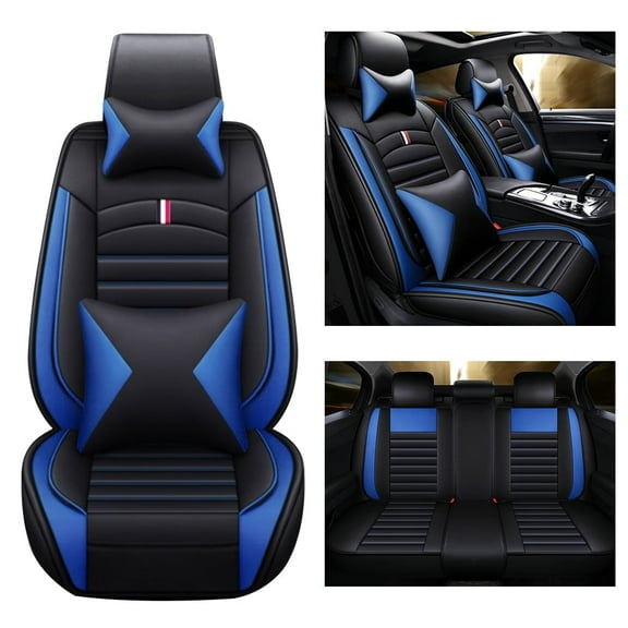 Maidao Car Seat Covers Full Set Leather Front and Rear Bench Backrest Seat Cover Set Universal Fit for Auto Sedan SUV Truck Black Blue