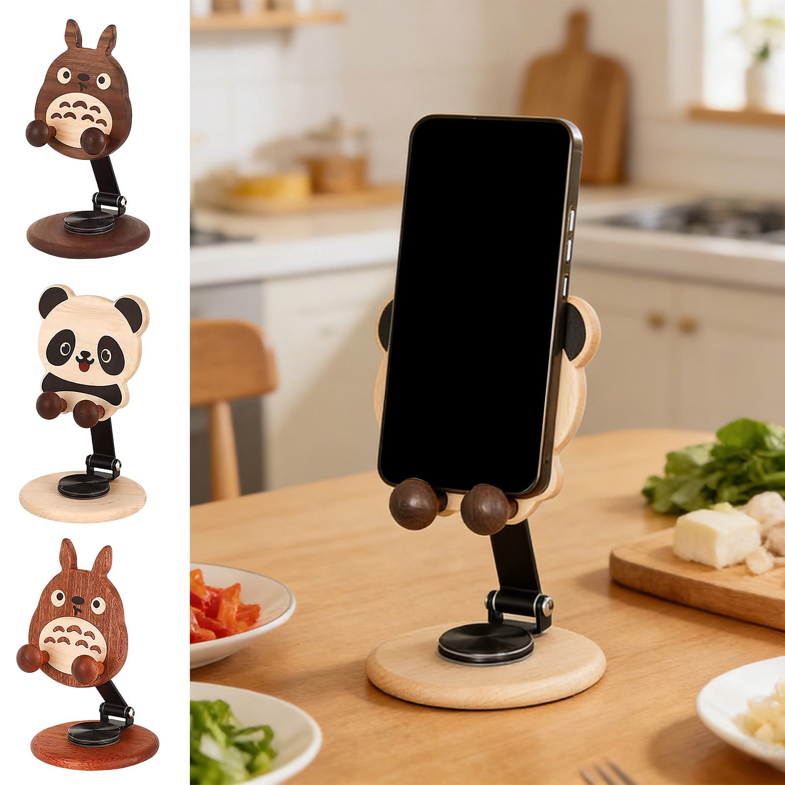 Wooden Adjustable Phone Stand, Foldable Desktop Cell Phone Holder for Desk, Compatible with iPhone Samsung