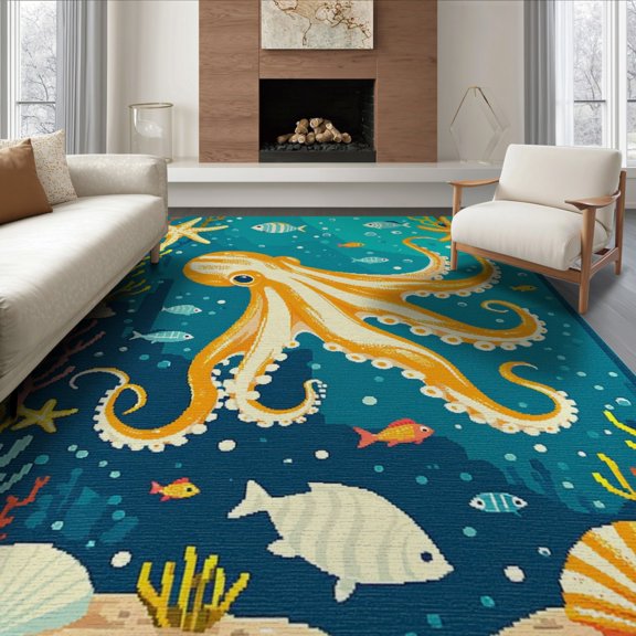 ODIKA 8'x10' Washable Area Rug Non-Slip Chair-Friendly Mat Teal Turquoise Ocean with Octopus Design Underwater Scene Fish and Turtles for Dining Room, Large Office, Lounge