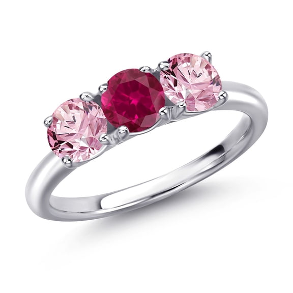 Gem Stone King 925 Sterling Silver Red Created Ruby and Pink Lab Grown Diamond Engagement Ring for Women | 1.60 Cttw | Round 5MM | Gemstone July Birthstone | Size 8
