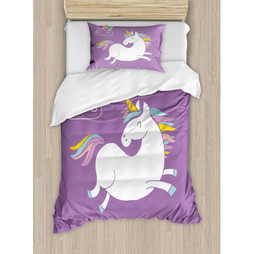 Ambesonne Unicorn Duvet Cover Set, Mythical Animal Clouds and Rainbow Horse Image Print, Decorative 2 Piece Bedding Set with 1 Pillow Sham, Twin Size, Lavender White