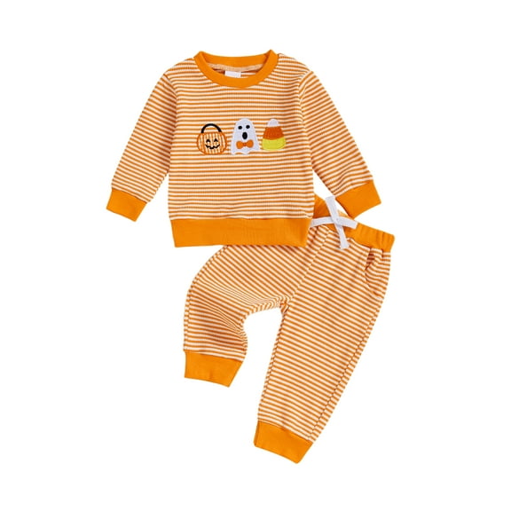 Qmyliery Toddler Baby Boys Striped Set Halloween Pumpkin Embroidery Long Sleeve Pullover with Pants 2 Pcs Outfits