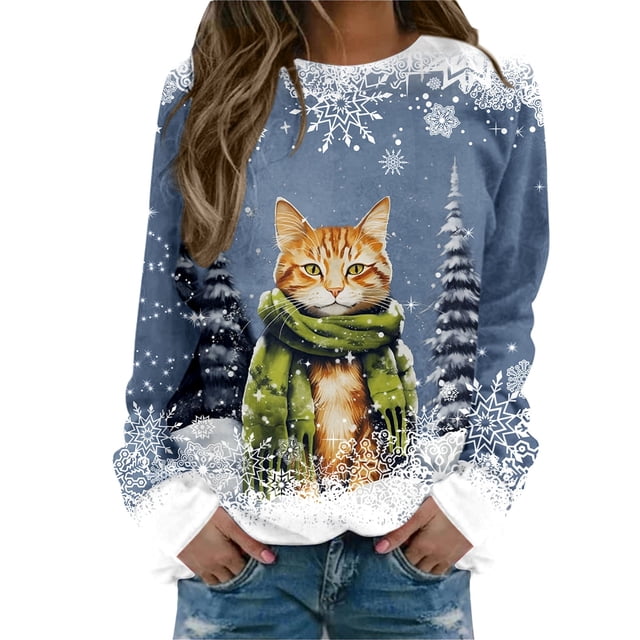 Chandail en Molleton Imprimé Joyeux Noël pour Femmes Col Rond Décontracté Manches Longues Coupe Ample Blouse d'Entraînement Col Rond Confortable