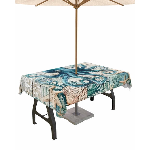 Hokiten Outdoor Tablecloths with Umbrella Hole & Zipper, Teal Octopus Coastal Rectangle Tablecloth 52x70 Inch, Summer Beach Nautical Starfish Retro Waterproof Table Cloth, Patio/Pool Table Covers