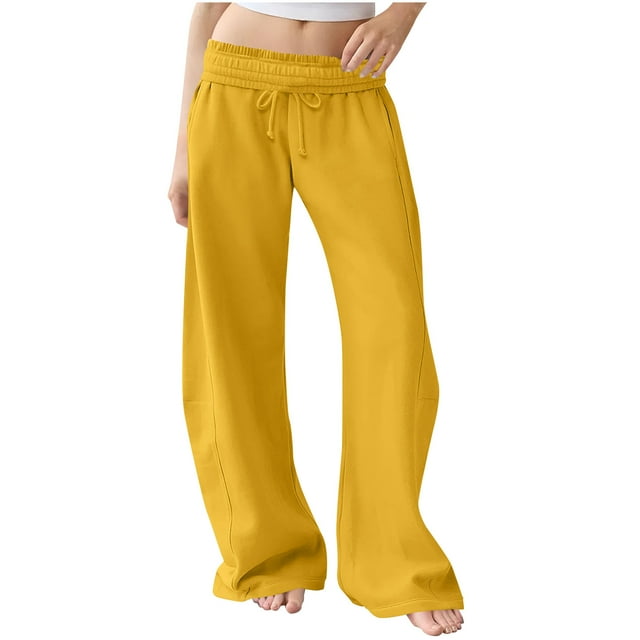 Women's Low Rise Y2K Wide Leg Sweatpants Cotton-Polyester Baggy Drawstring Joggers with Pockets for Fall Winter Daily Gym,Yellow,L