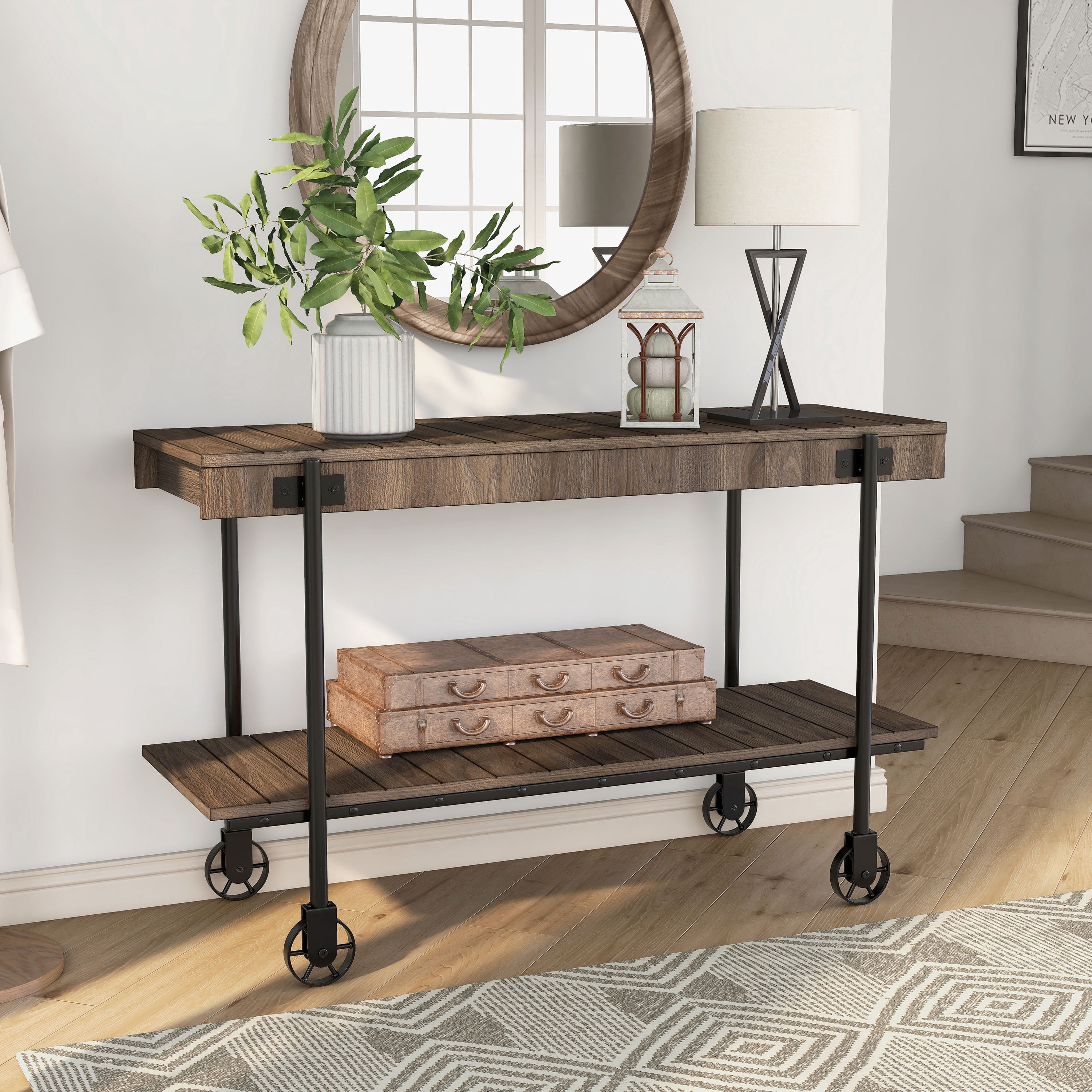 Furniture of America Russe 1-Shelf Wood Dark Walnut Sofa Table with Wheels
