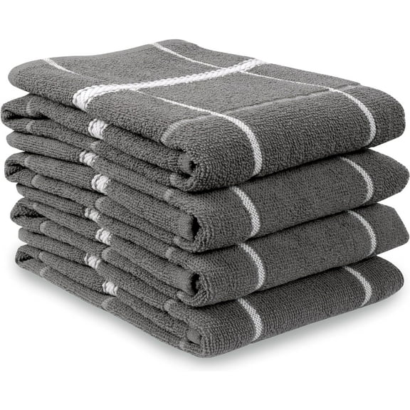 MALLOWEX Terry Kitchen Towels Set of 4 Solid Checks | Dish Towels 16 x 26 Inches | Super Soft and Absorbent |100% Cotton Dish Rags for Drying Dishes | Quick Drying Kitchen Hand Towels | Light Grey
