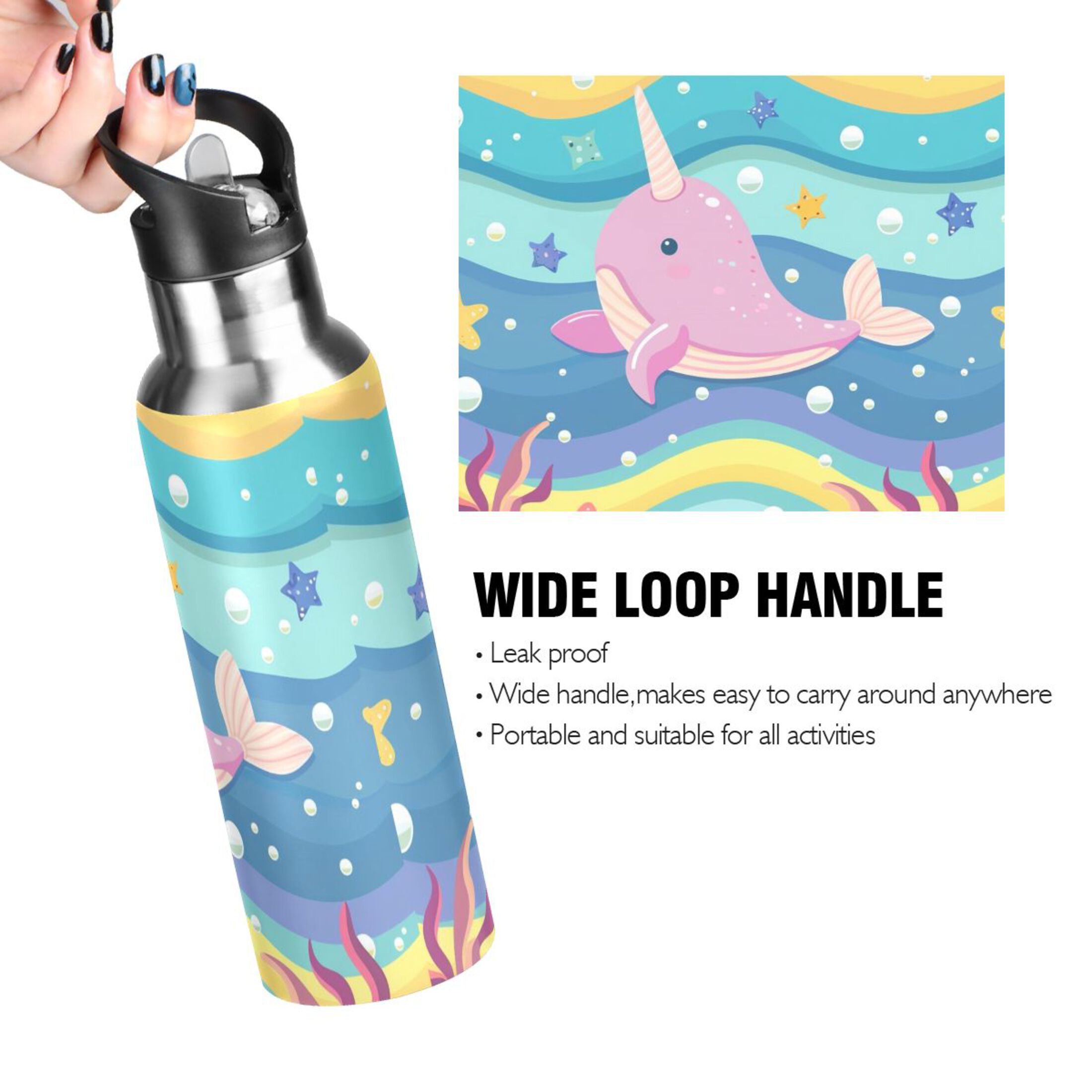 Cute Narwhal Whale Stainless Steel Water Bottle 34oz/1000ml Double Wall Vacuum Insulation Leakproof for Sports Travel