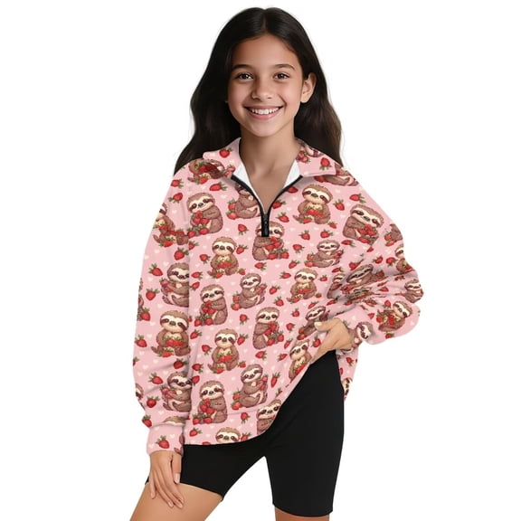 FUIALDOLG Cute Sloth Hoodies Girls Quarter Zip Sweatshirt Graphic Pullover Hoodie for 5-16Y,Casual Long Sleeve Crewneck Sweatshirts Fall Winter Clothing,5-6Years