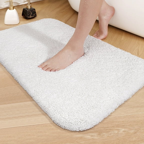 PABUBE Bathroom Rug Non-Slip Bathroom Mat 17"x24" Shag Bath Rugs w/1.6" Microfiber, Absorbent Bath Mat, Machine Washable, White