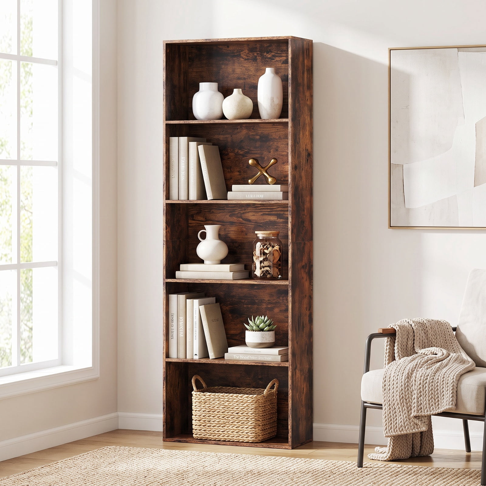 Furnibear 5-Tier Bookshelf Open Bookcase Freestanding Display Shelf Storage Organizer for Living Room Home Office Bedroom Display, Rustic Brown