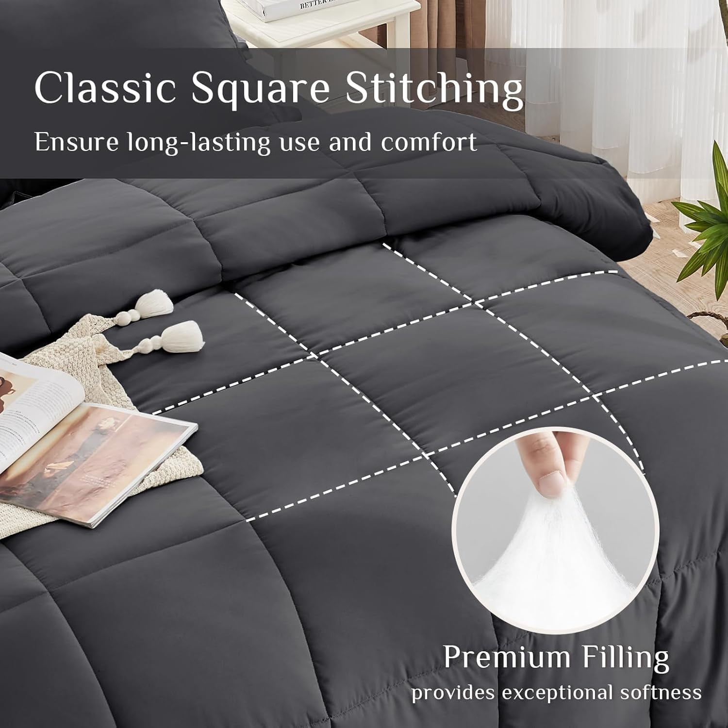Cooling Comforter Twin Size, Down Alternative Duvet Insert with Corner Tabs, All Season Soft Quilted Bed Comforter, Lightweight Bedding for Women & Men, Grey