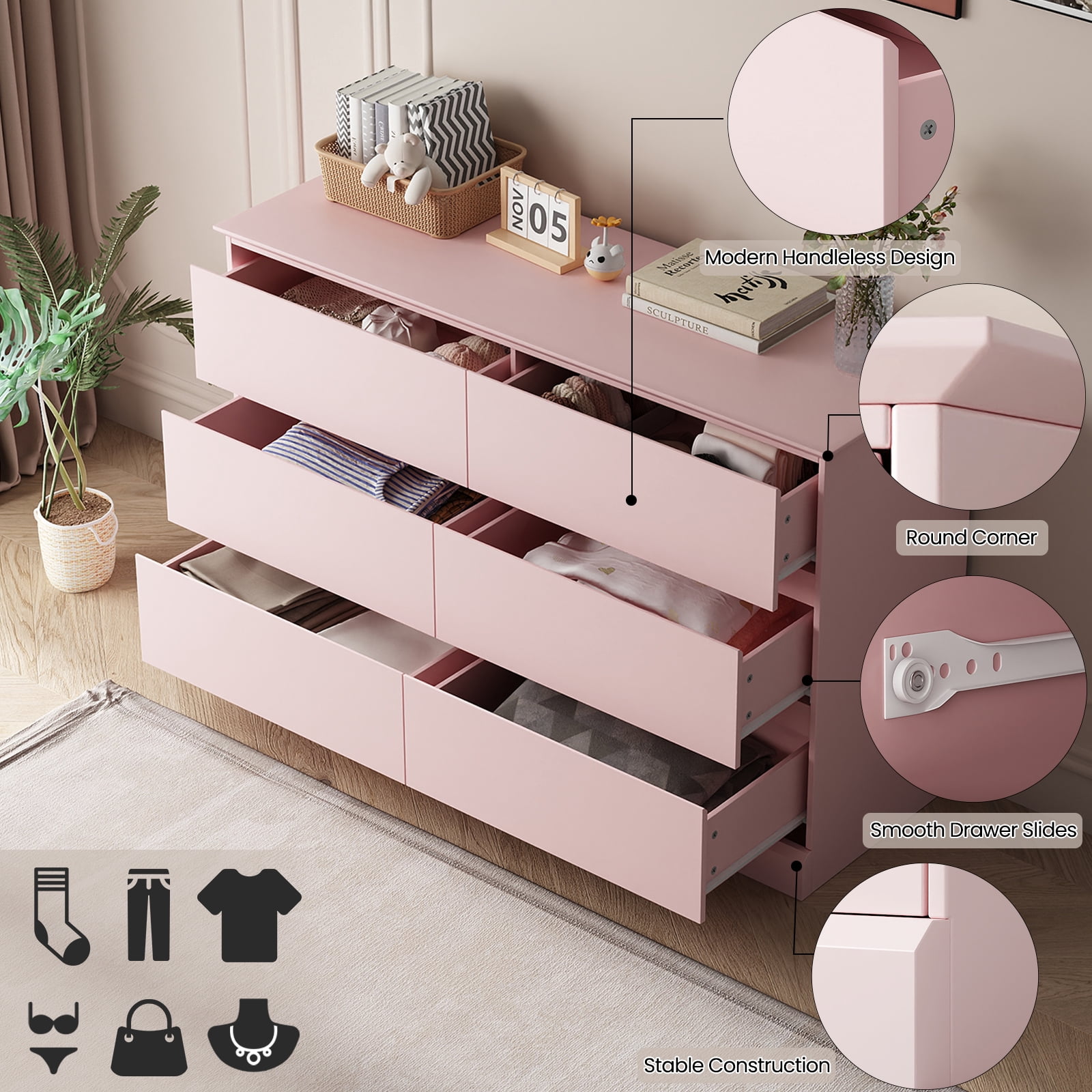 Bedroom Dresser 6 Drawer Storage Chest of Drawers Double Dresser Storage Side Cabinet Room Furniture for Bedroom Living Room