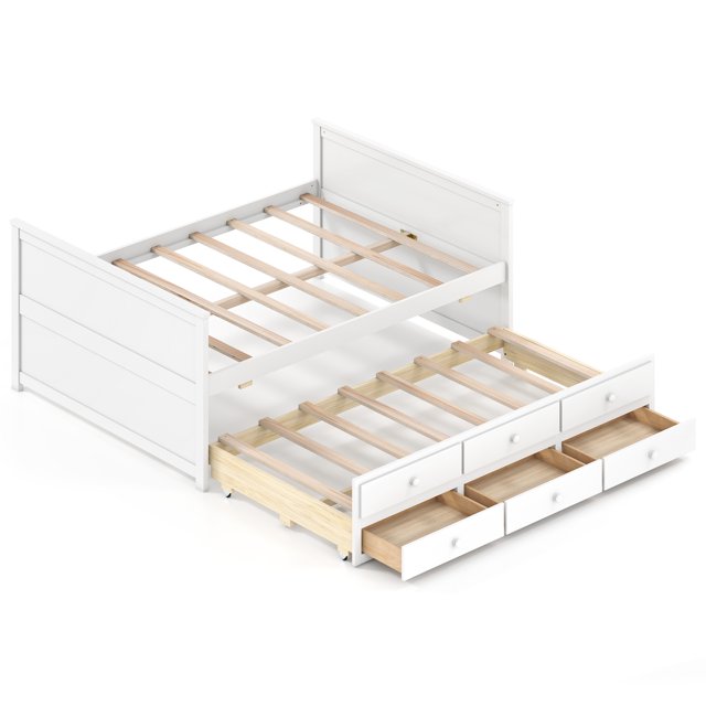 Gymax Lit Double avec Tiroir-Lit Simple et 3 Tiroirs de Rangement avec Tête de Lit et Pied de Lit