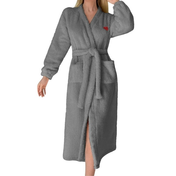 WCJM Towel Robe for Women Ladies' Flannel Plush Heart Shaped Bathrobe with Pockets and Belted Bathrobe Long Style Women Robes