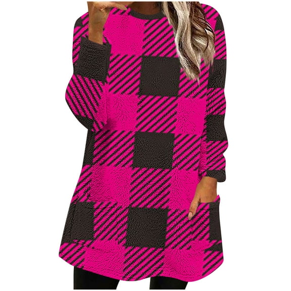 Hfnxid Womens Plaid Crewneck Sweatshirt Thick Thermal Flannel Pullover Buffalo Long Sleeve Plaid Fleece Sweatshirts