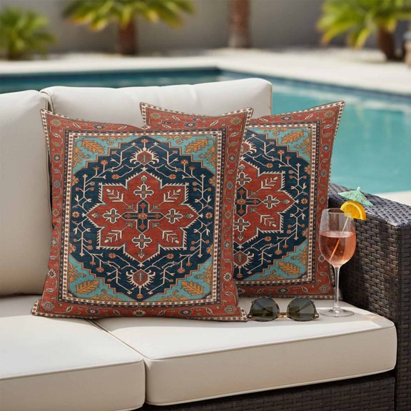 Vintage Outdoor Waterproof Throw Pillow Covers Set of 2, 20"x20", Southwestern Traditional Dark Red Floral Geometric Boho Decorative Pillow Covers Outside Cushion Case for Patio Porch Garden