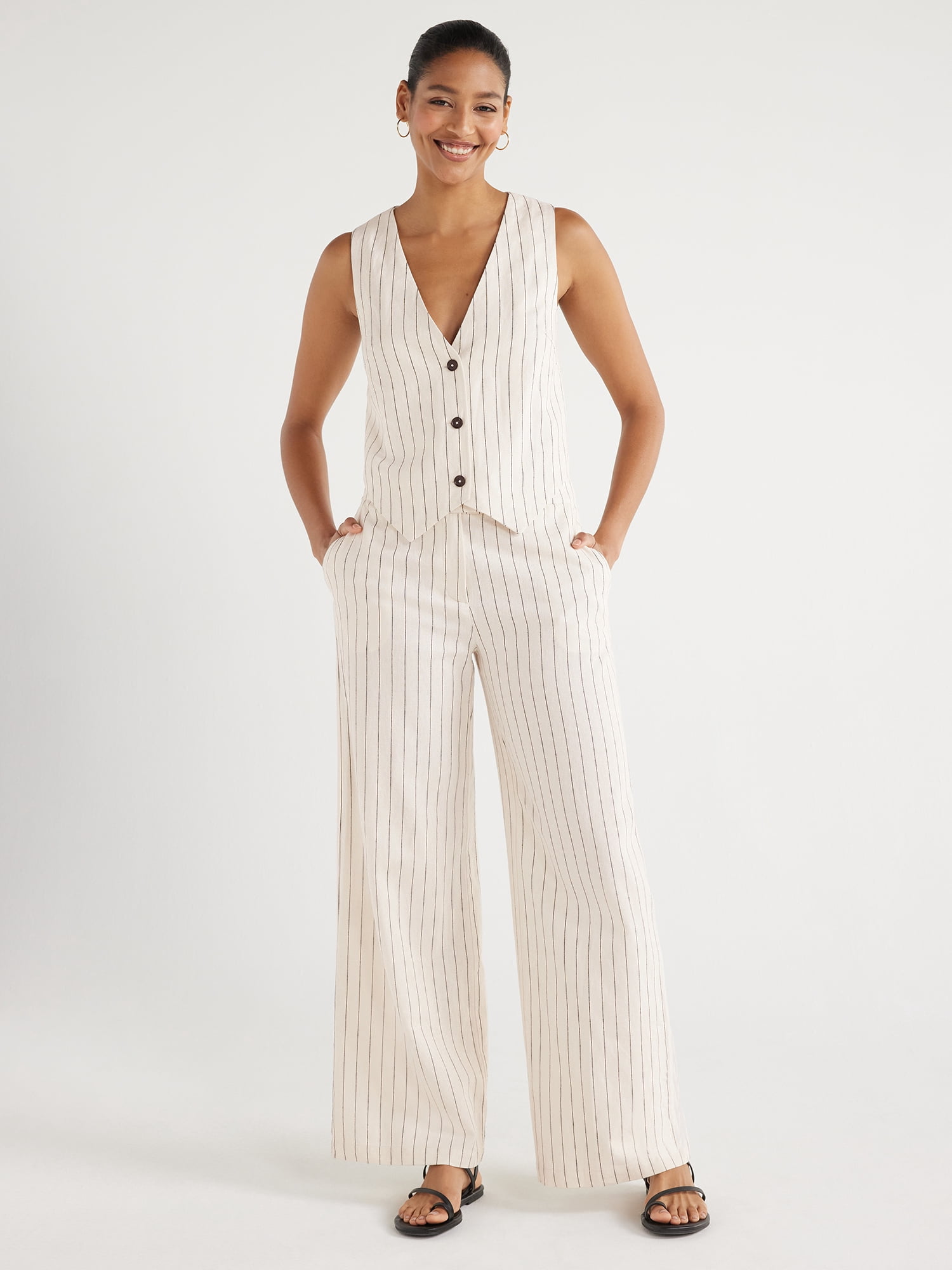 Scoop Women's and Women’s Plus Linen Blend Tailored Wide Leg Pants, Sizes 0-26W