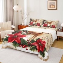 Manfei Cute Christmas Reindeer Twin Sheet Sets,Rustic Xmas Flower Twin Fitted Sheet,Red Green Beige Flat Sheet For Adults,Microfiber Bedroom Decor,3pcs