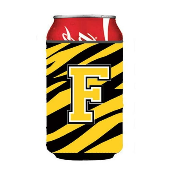 Letter F Initial Monogram - Tiger Stripe - Black Gold Can Or Bottle  Hugger