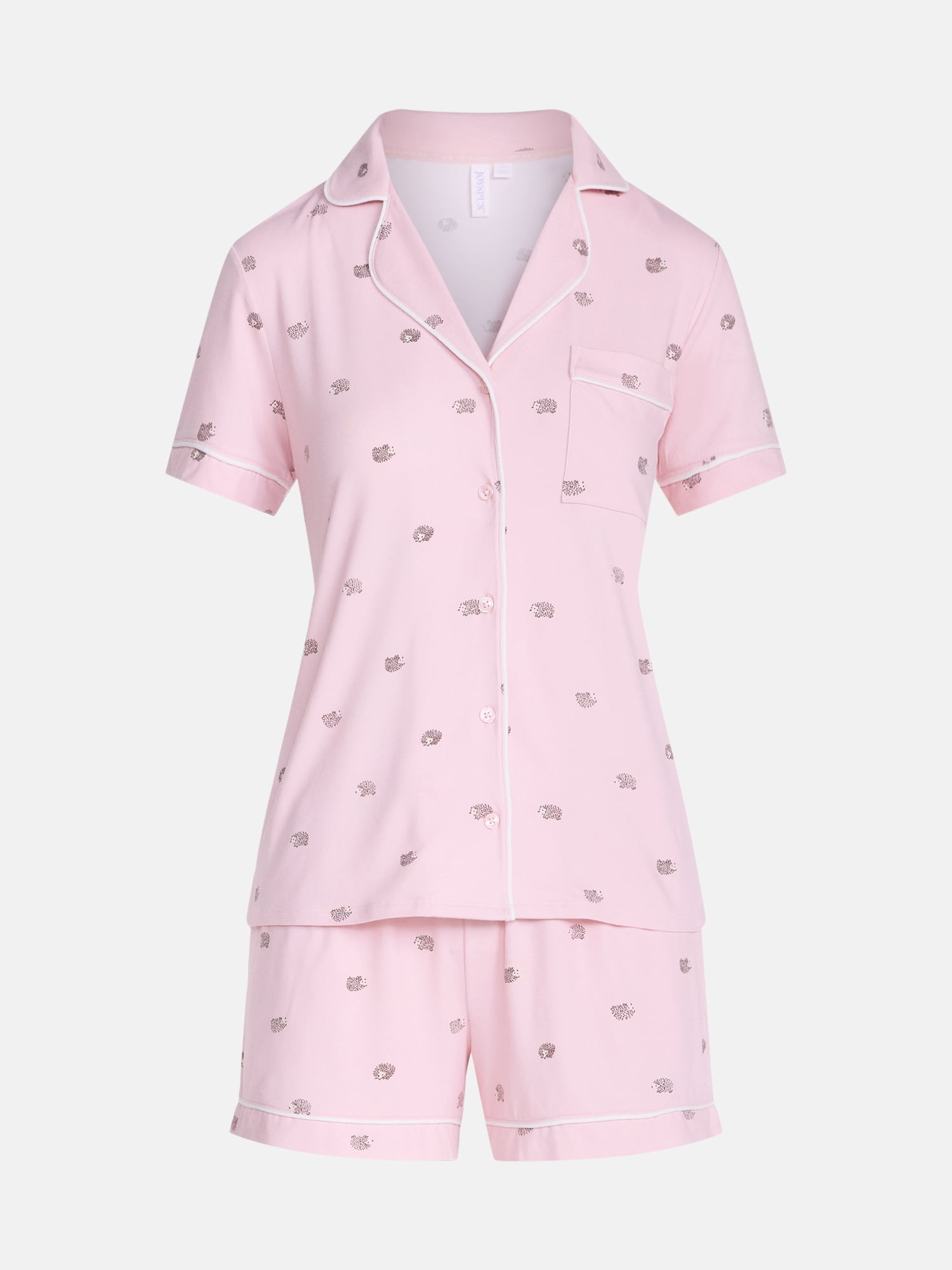 Joyspun Women’s Dreamy Soft Collection Notch Collar Knit Top and Boxer Shorts, 2-Piece Pajama Set, Sizes XS-3X