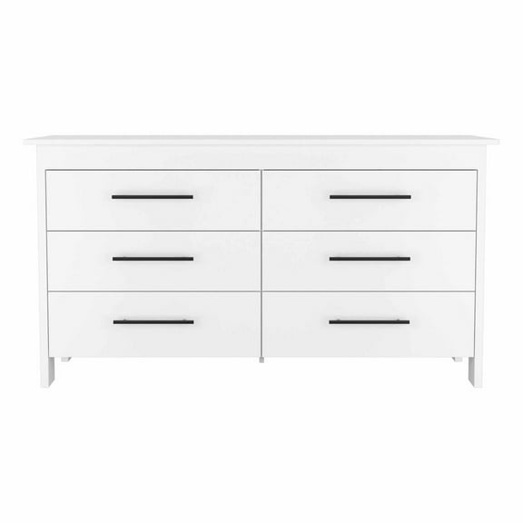 FM Furniture Luxor Modern Wood Bedroom Double Dresser with 6-Drawer in White