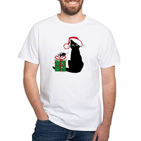 CafePress - Santa Cat & Mouse White T Shirt - Men's White Classic Cotton T-Shirts