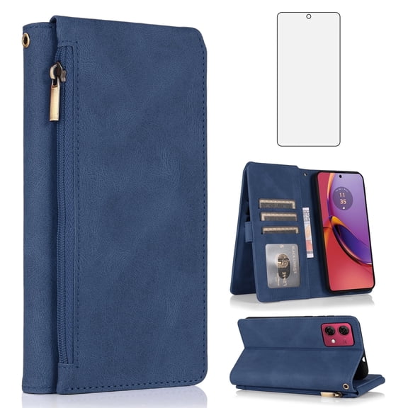 Asuwish Wallet Kickstand Hard Shell Cell Phone Case with Tempered Glass Screen Protector for Motorola Moto G84, Blue