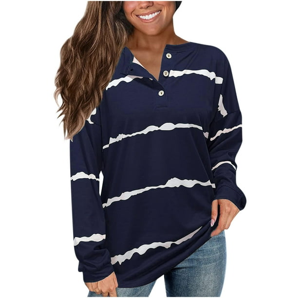 Blusa suelta con cuello en V y manga larga con botones estampados a rayas informales para mujer Fridja FKASFK4309