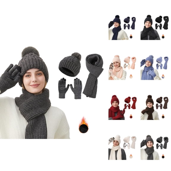 Women Knit Three Piece Set - Double Layer Plush Hat Scarf Gloves Combo, Winter Warm Stocking Stuffers, Christmas Gifts For Girls Cold Weather