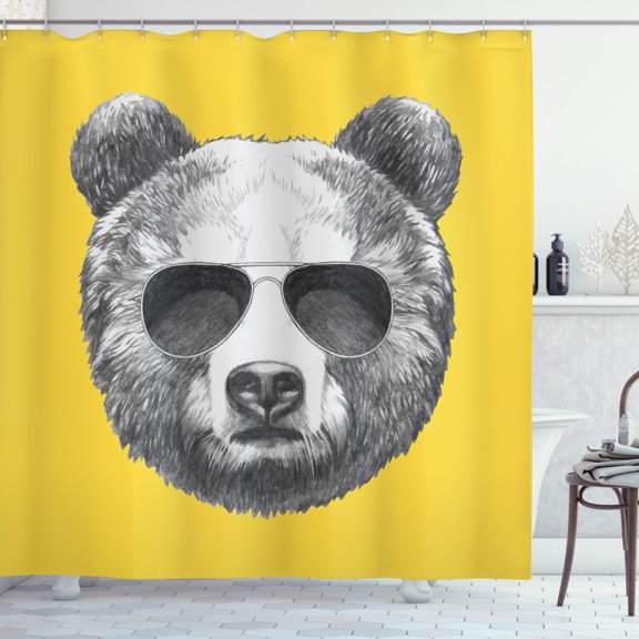 Ambesonne Sunglasses Shower Curtain, Sketchy Hand Drawn Bear, 69"Wx75"L, Mustard Dark Grey