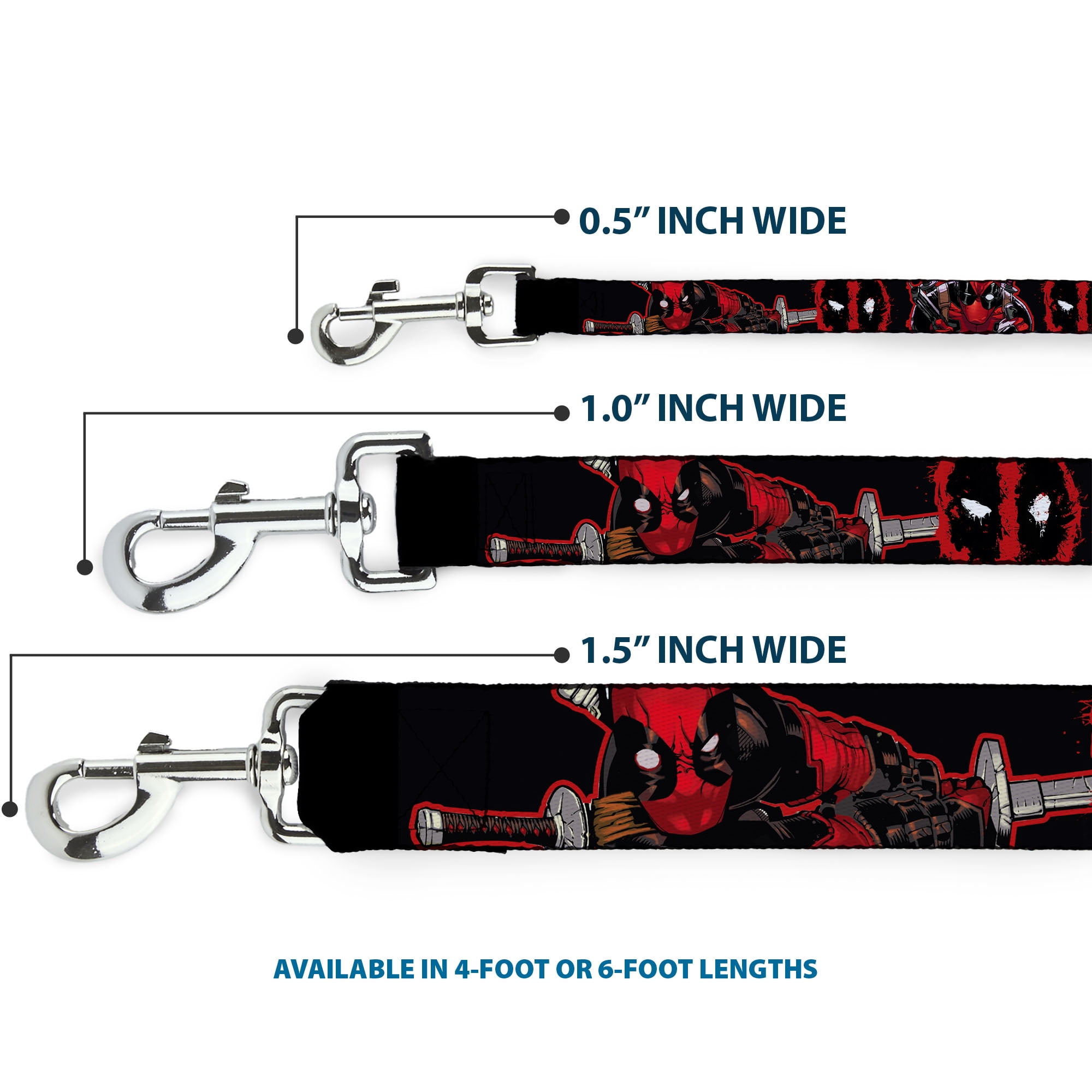 Marvel Comics Pet Leash, Dog Leash, Deadpool Action Poses Splatter Logo Black Red White, 6 Feet Long 1.0 Inch Wide