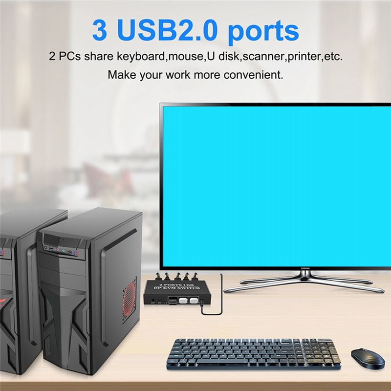 DP KVM Switch 2 Port 8K@30Hz Displayport1.2 Switch 2 in 1 Out with 3 USB2.0 Port for 2 PC Laptop Share Keyboard Mouse