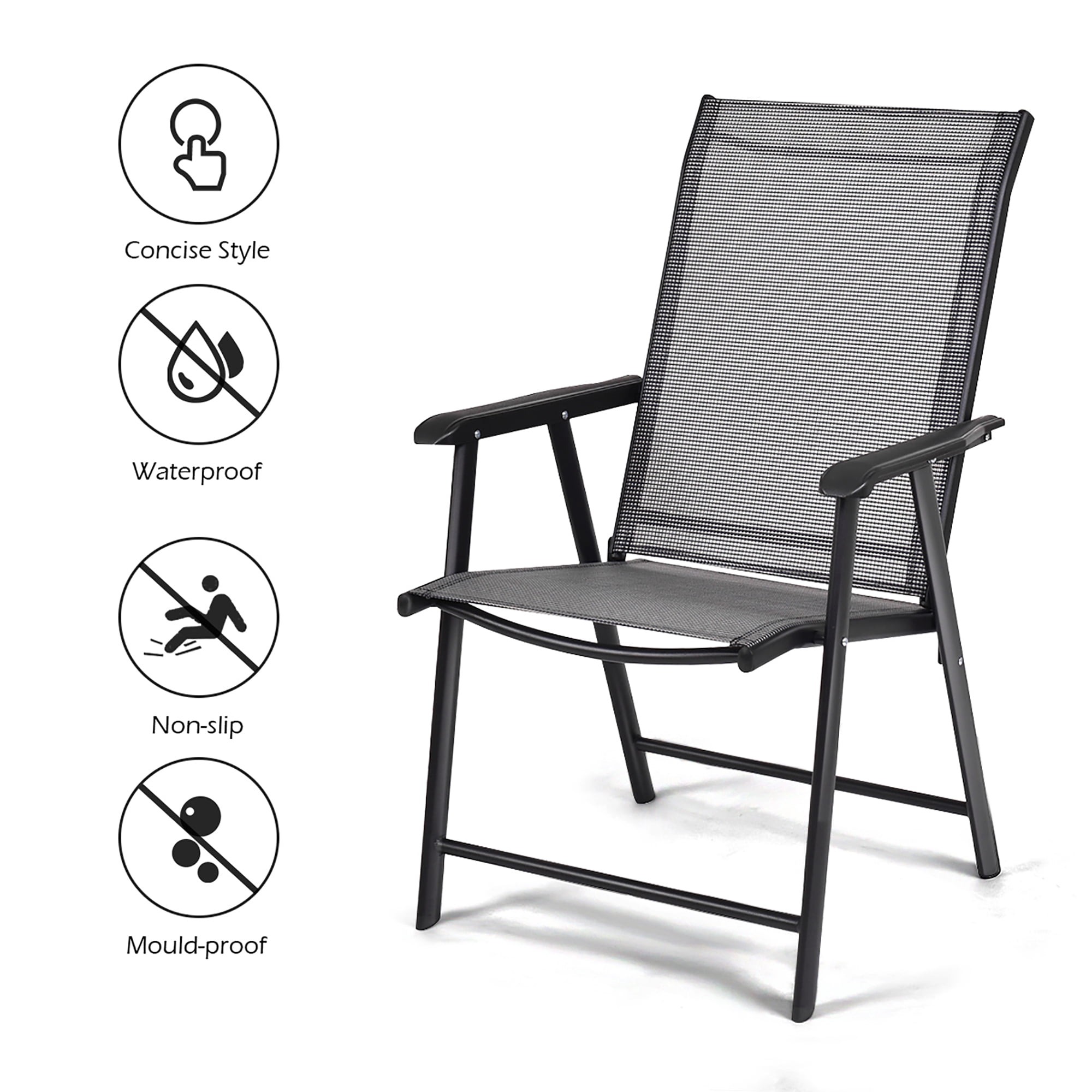Costway Set of 4 Outdoor Patio Folding Chairs Camping Deck Garden Pool Beach W/Armrest,Steel frame and Textilene